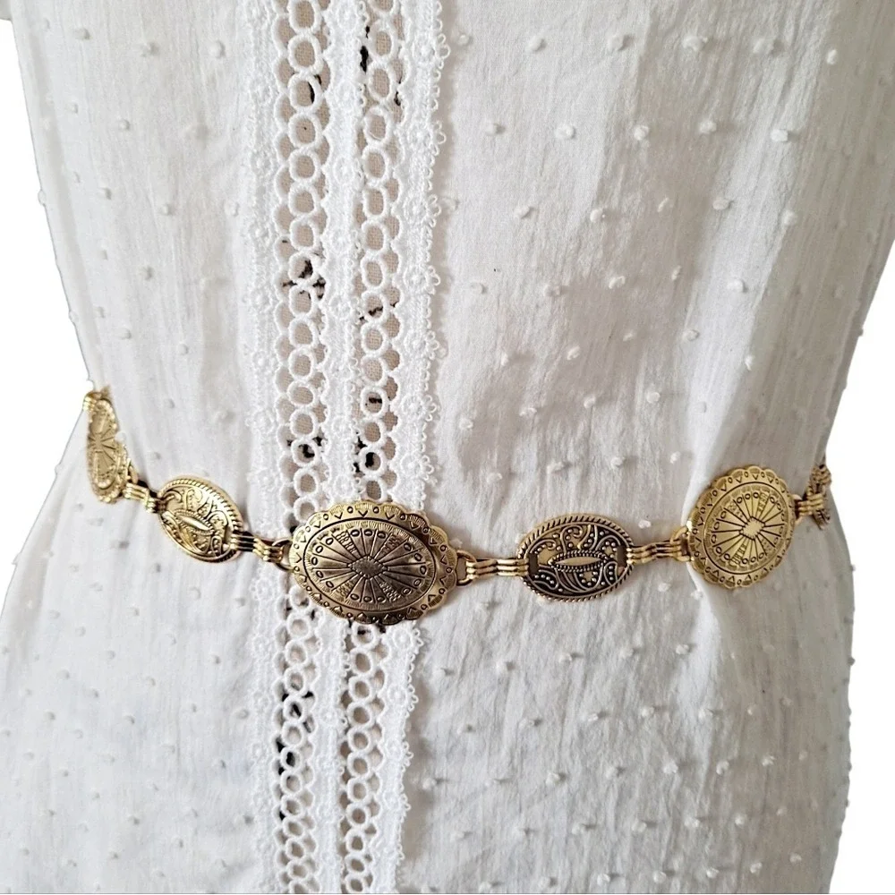 Gold Concho Chain Boho waist Belt Chunky Adjustable Western Festival Medallion